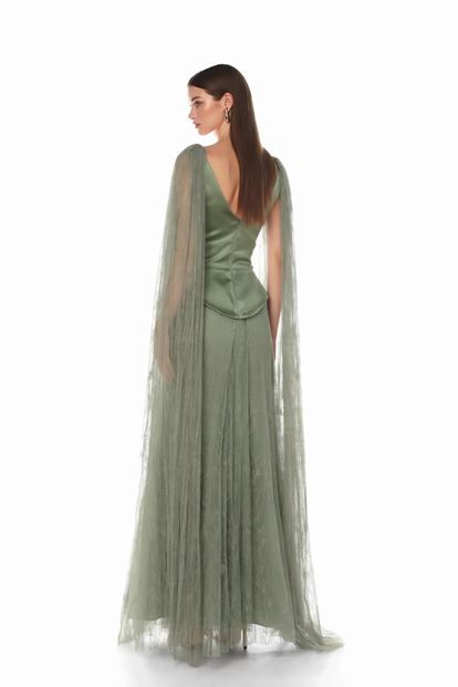 Mint Dantel Pelerinli Abiye Elbise